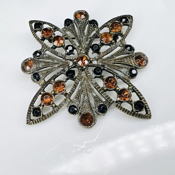 Vintage Victorian Style Filigree Brooch Silver Black Amber Tone Rhinestones 4053 - Picture 4 of 9
